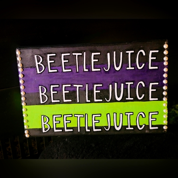 Handmade Solid 1" Wooden Beetlejuice Hanging Sign Decor Black Green Purple - Picture 6 of 11
